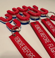 Red, White & Blue RV Airbrake Lockout Blocks with "Remove Before Flight" tag
